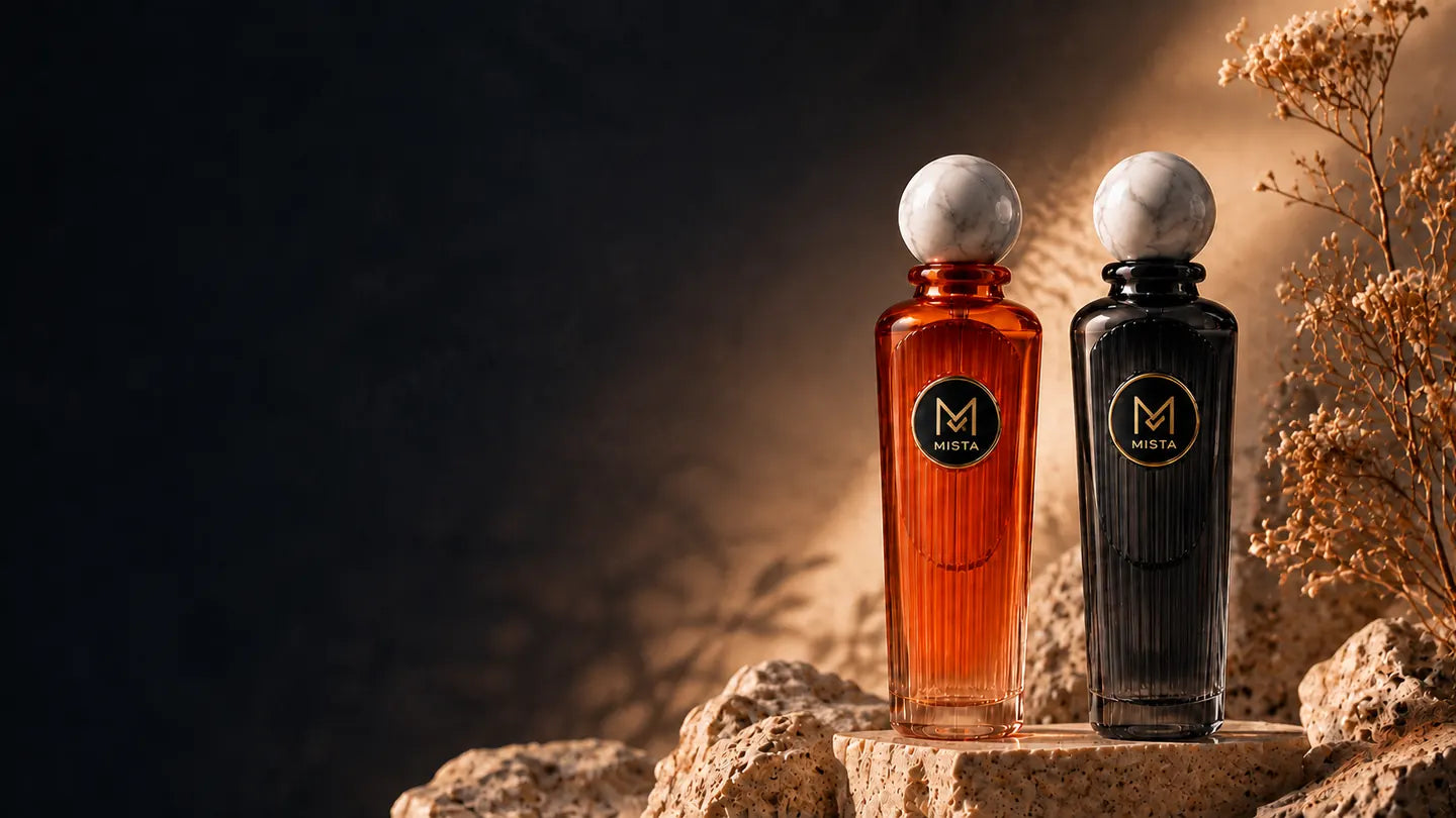 Amber and black Mista perfume bottles with gold monograms